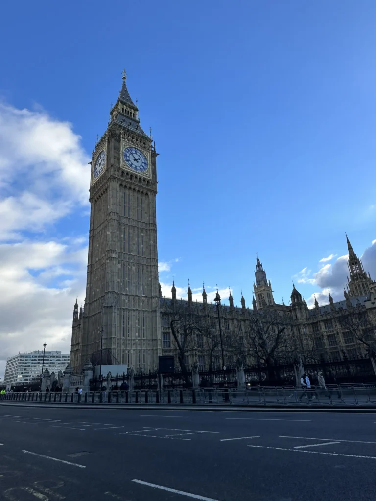 Big Ben and the Houses of Parliament in London under rare blue skies