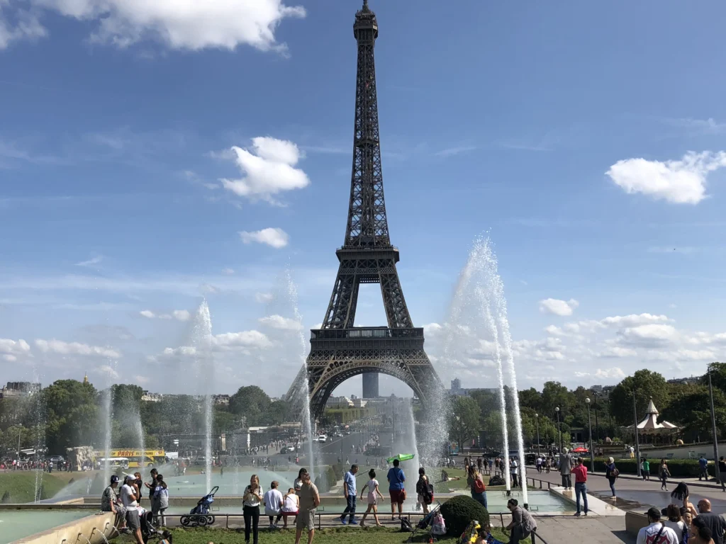 View of the Eiffel Tower from the Trocadéro fountains in Paris, France